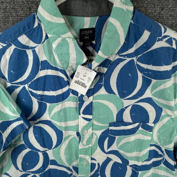 NWT J Crew Men Large Blue Geometric Beach Theme Short Sleeve Button Up Shirt - Picture 2 of 14
